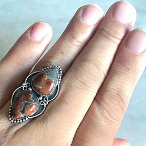 NEW Peanut Obsidian Double Stone Beaded Sterling Silver Ring Size 9